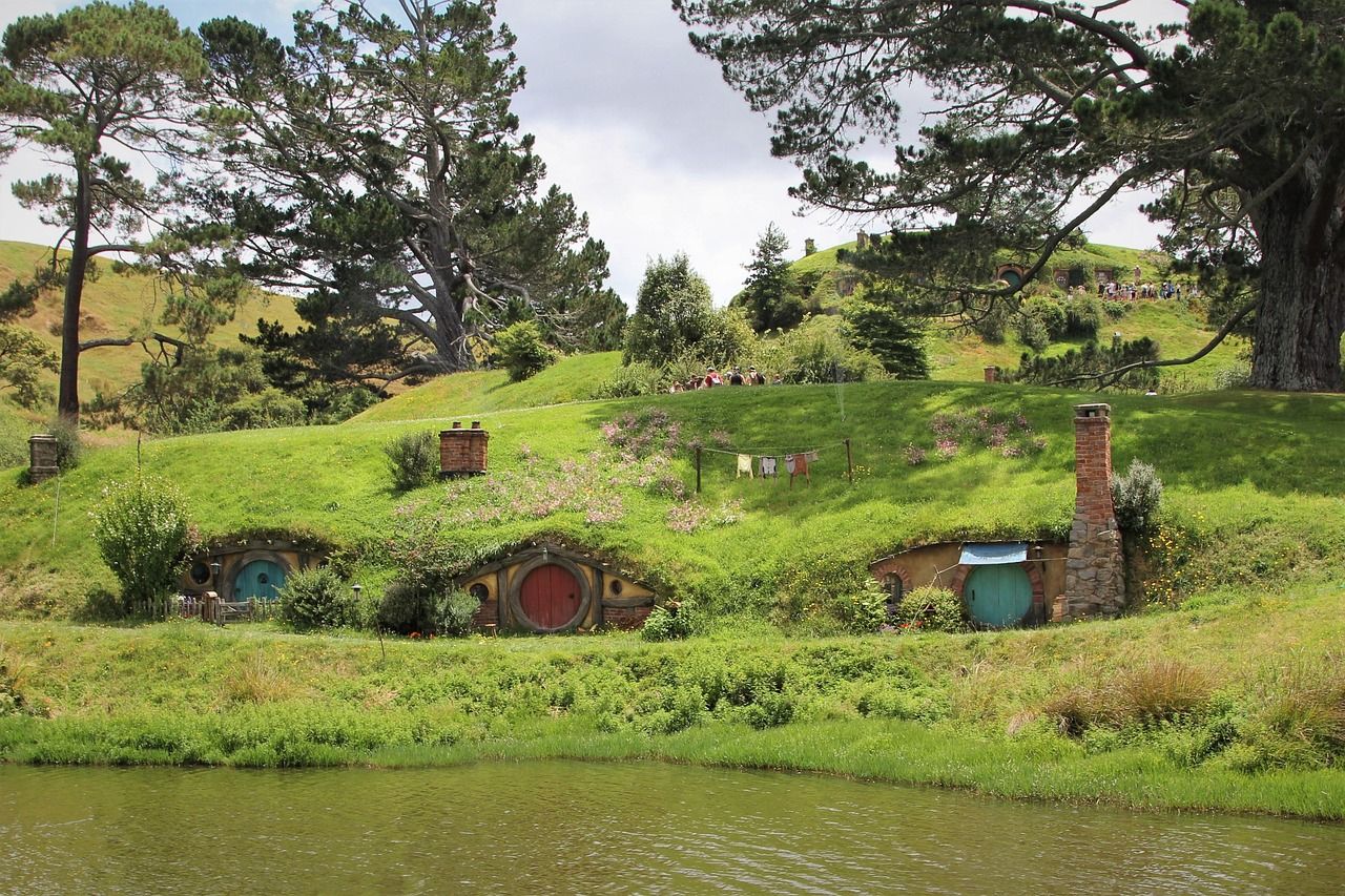 Hobbit holes on the Hobbiton Movie Set near Matamata, New Zealand