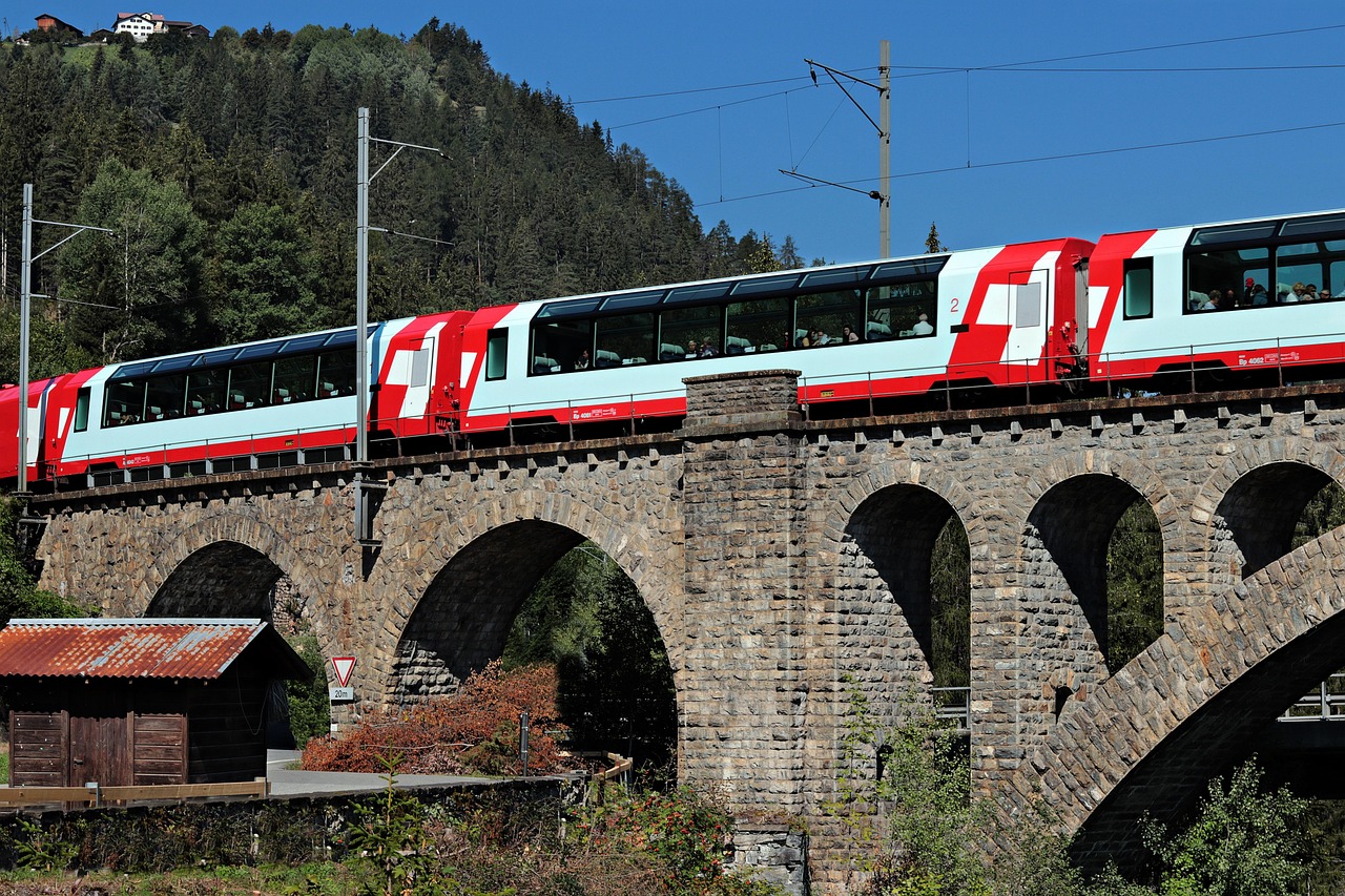 The Glacier Express crossing a stone viaduct in the Swiss Alps